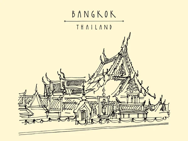 バンコク レトロなスタイルでアジアのポストカード タイの首都クルンテープ ナコーン バンコク のワット スアット仏教寺院 旅行のスケッチ ヴィンテージアート手描き観光はがき — ストックベクタ