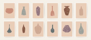 Aesthetic wall hygge pots, jugs, vases abstract hand drawn wall art poster prints. Danish design neutral natural colors. Kitchen wall prints. Mid Century Modern design. Posters art illustration