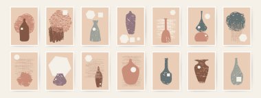 Aesthetic wall hygge pots, jugs, vases abstract hand drawn wall art poster prints. Danish design neutral natural colors. Kitchen wall prints. Mid Century Modern design. Posters art illustration