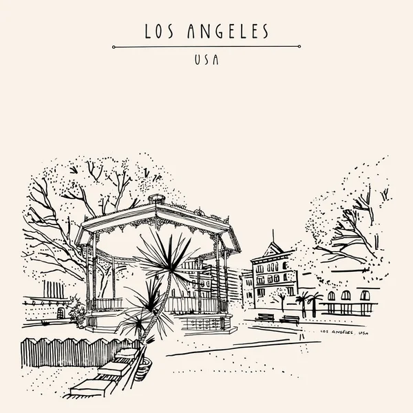 艺术洛杉矶 加利福尼亚 美国明信片 手工绘制的洛杉矶老式海报 西班牙历史街区的老广场 洛杉矶普韦布洛教堂附近的旧广场 — 图库矢量图片