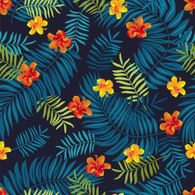 Exotic foliage jungle Balinese Hawaiian summer seamless tropical leaves pattern. Bright natural seamless background. Vivid optimistic juicy colors. Repeat Bali, Hawaii floral pattern backdrop