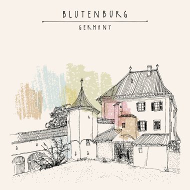 Blutenburg castle postcard. Blutenburg Castle is an old ducal country seat in the west of Munich, Germany, Europe. Travel sketch. Book illustration. Vintage hand drawn touristic poster