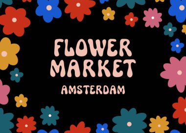 Flower Market Amsterdam wall art poster. Floral groovy psychedelic design. Trippy simple geometric flower market room decor. Colorful flowers kitchen decoration. Multicolored retro hippie print