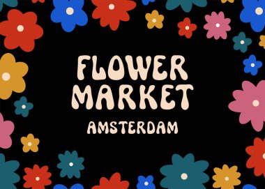 Flower Market Amsterdam wall art poster. Floral groovy psychedelic design. Trippy simple geometric flower market room decor. Colorful flowers kitchen decoration. Multicolored retro hippie print