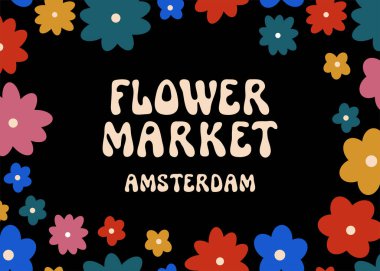 Flower Market Amsterdam wall art poster. Floral groovy psychedelic design. Trippy simple geometric flower market room decor. Colorful flowers kitchen decoration. Multicolored retro hippie print