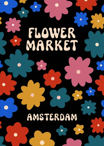 Flower Market Amsterdam Wall Art Poster Floral Groovy Psychedelic Design — ストックベクタ