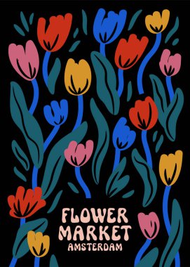 Flower Market Amsterdam wall art poster. Groovy Danish design. Simple contemporary tulip flower market room decor. Colorful flowers kitchen decoration. Funky touristic souvenir artistic minimal print