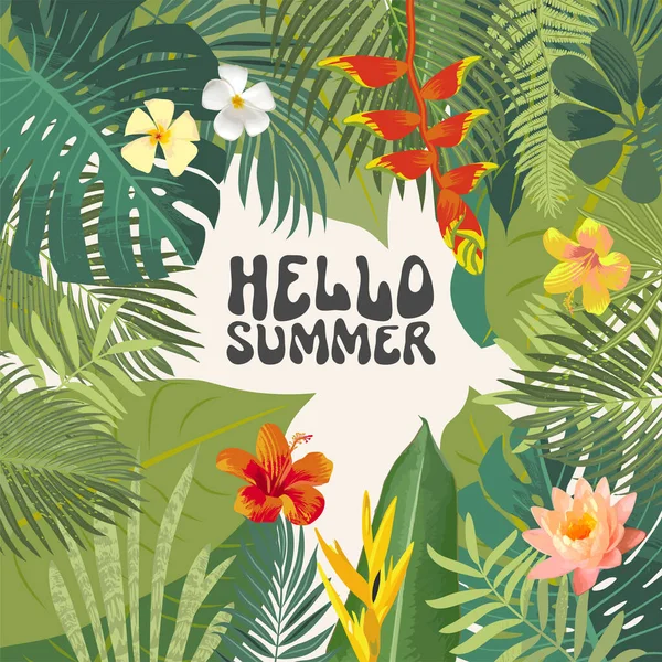 Hello Summer Greeting Card Bright Tropic Jungle Hawaiian Postcard Summer — Stockový vektor
