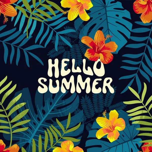 Hello Summer Greeting Card Bright Tropic Jungle Hawaiian Postcard Summer — Stok Vektör