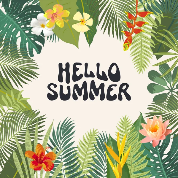 Hello Summer Greeting Card Bright Tropic Jungle Hawaiian Postcard Summer — Vettoriale Stock