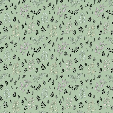 Kusursuz desen. Yeşil botanik zarif el yapımı ince dallar dijital kağıt. Bohem stili sanatsal dallar fayansları tekrar eder. Klasik karalama bitkisel yaprak kumaş kumaş tasarımı