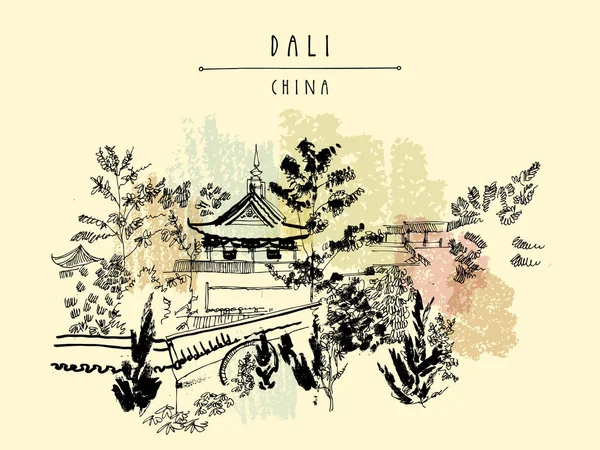 Dali Vykort Från Kina Kinesiskt Tempel Och Trädgård Dali Yunnan — Stock vektor
