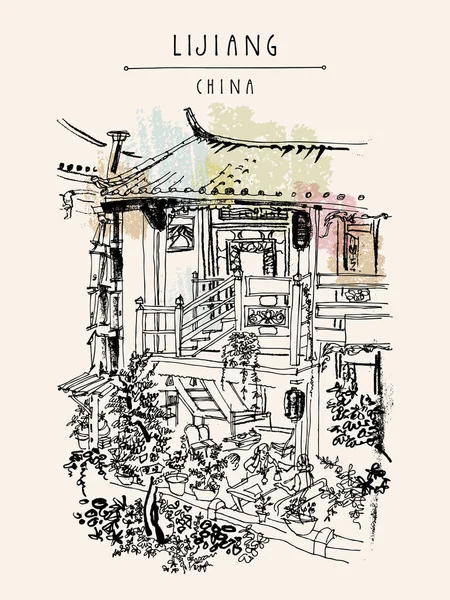 Lijiang China Postcard Traditional Chinese Wooden House Lijiang Yunnan China — Stock Vector