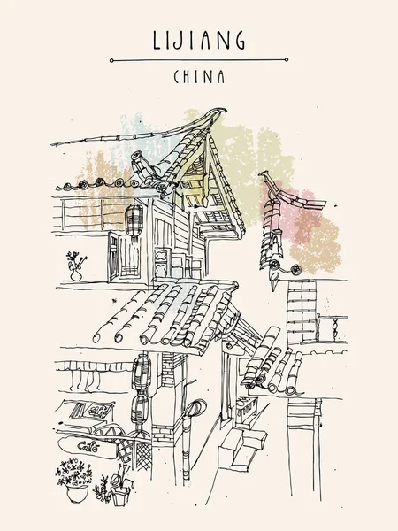 Lijiang Cartolina Cina Tetti Mattonelle Mattoni Stile Tradizionale Case Legno — Vettoriale Stock