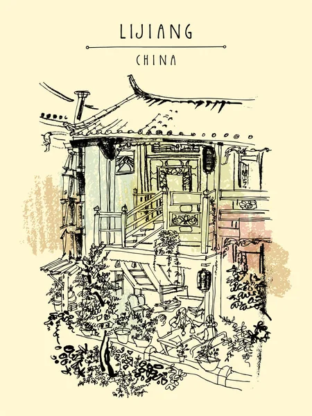 Lijiang China Postcard Traditional Chinese Wooden House Lijiang Yunnan China — Stock Vector