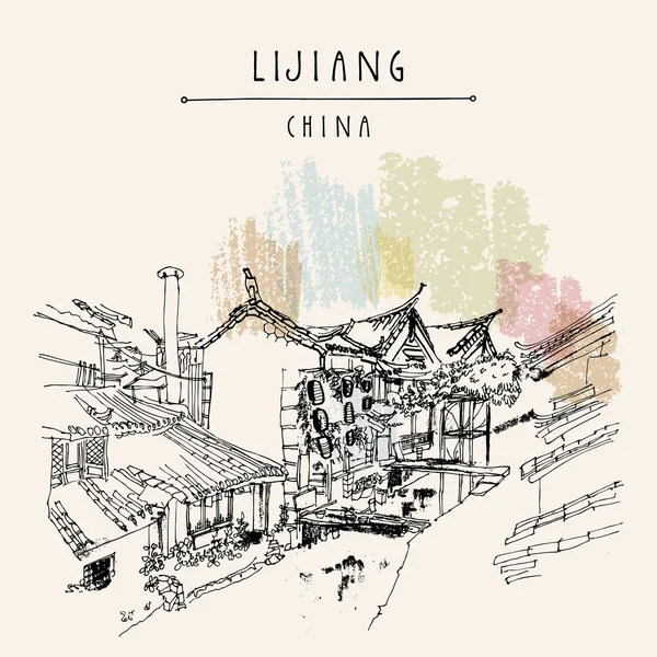 Lijiang Cartão Postal China Património Arquitectónico Tradicional Chinês Casas Madeira — Vetor de Stock