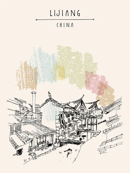 Lijiang Postal China Patrimonio Arquitectónico Chino Tradicional Casas Madera Río — Archivo Imágenes Vectoriales