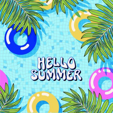 Merhaba Yaz tebrik kartı. Y2K tarzı modern Memphis 90 'ların saykodelik kartpostalı. Yüzey tasarımı çizimi. Renkli yaz arkaplanı. Basit düz yüzme havuzu arka planı