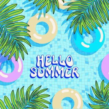 Merhaba Yaz tebrik kartı. Y2K tarzı modern Memphis 90 'ların saykodelik kartpostalı. Yüzey tasarımı çizimi. Renkli yaz arkaplanı. Basit düz yüzme havuzu arka planı