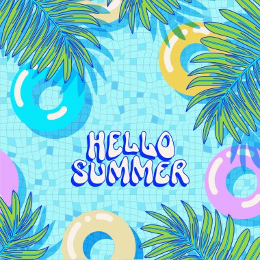 Merhaba Yaz tebrik kartı. Y2K tarzı modern Memphis 90 'ların saykodelik kartpostalı. Yüzey tasarımı çizimi. Renkli yaz arkaplanı. Basit düz yüzme havuzu arka planı