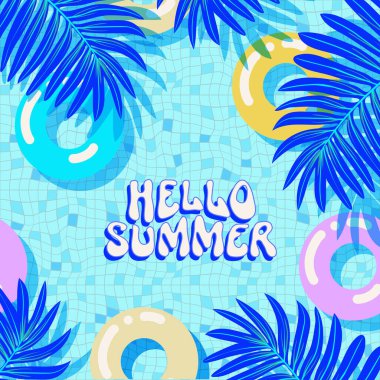 Merhaba Yaz tebrik kartı. Y2K tarzı modern Memphis 90 'ların saykodelik kartpostalı. Yüzey tasarımı çizimi. Renkli yaz arkaplanı. Basit düz yüzme havuzu arka planı