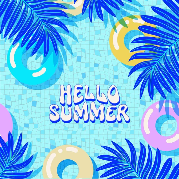 Hello Summer Greeting Card Y2K Style Modern Memphis 90S Psychedelic — Stock Vector