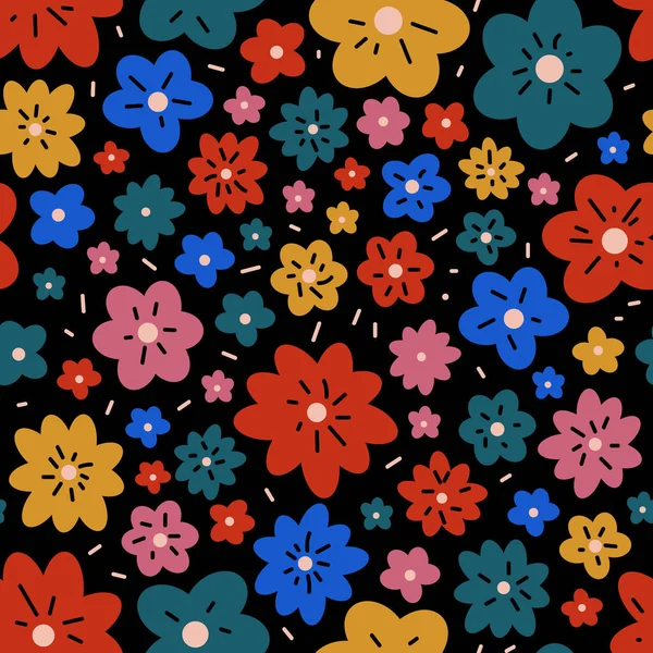 シームレスなパターンだ 可愛い花のサイケデリックな楽しい花は鮮やかな色で トリッピー幾何学的なデジタルペーパーは背景を繰り返す 無限の正のビブヒッピー楽しい花の表面の背景 — ストックベクタ