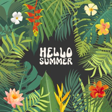Hello Summer greeting card. Bright tropic jungle Hawaiian postcard. Summer season flyer template. Summertime Bali Thailand vacation botanical design. Tropical forest leaves flowers elements