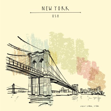 New York, ABD kartpostalı. El yapımı klasik New York turistik posteri. Brooklyn Köprüsü. Seyahat skeci. Sanatsal el çizimi, tebrik kartı, sanat baskısı.