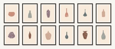 El çizimi yatak odası resimleri. Modaya uygun artistik Yunan kil kapları, vazolar, sürahiler, kavanozlar. Duvar sanat koleksiyonu. Tarafsız renkler tasarım elementleri, çömlek çizimleri. Klasik seramik şişe sanat seti