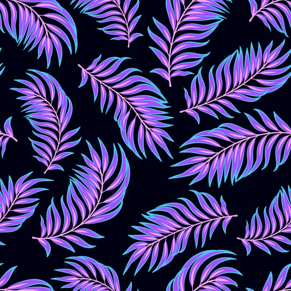 熱帯夏のダークネオンのシームレスなパターン 明るい電気色Y2Kスタイル 夢のような夏のヤシの葉の背景 生地のテキスタイルデザイン ウェブの背景 エキゾチックな熱帯壁紙 — ストックベクタ
