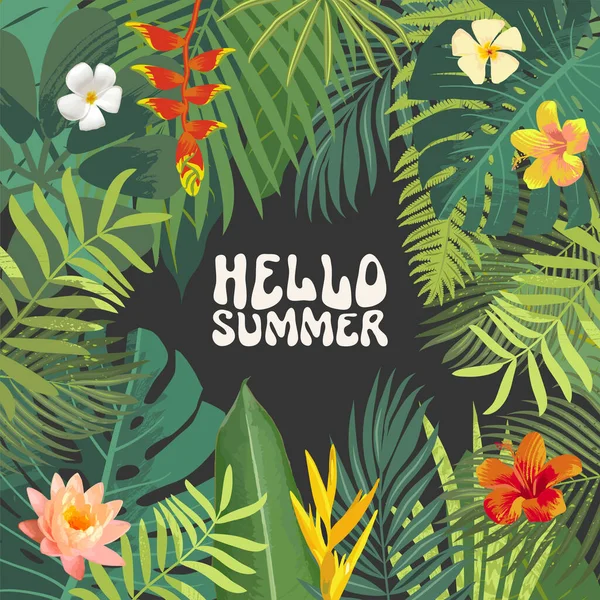 こんにちは夏のグリーティングカード 明るい熱帯ジャングルハワイのはがき 夏のシーズンフライヤーテンプレート 夏バリ島タイ休暇植物デザイン 熱帯林の葉の花の要素 — ストックベクタ