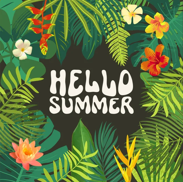 こんにちは夏のグリーティングカード 明るい熱帯ジャングルハワイのはがき 夏のシーズンフライヤーテンプレート 夏バリ島タイ休暇植物デザイン 熱帯林の葉の花の要素 — ストックベクタ