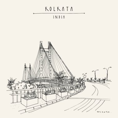 Kolkata (Kalküta), Hindistan kartpostalı. Vidyasagar Setu köprü sanatsal şehir manzarası. Batı Bengal seyahat skeci. El çizimi Kalküta turistik posteri