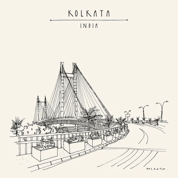 Kolkata Calcutá Cartão Postal Índia Vidyasagar Ponte Setu Paisagem Urbana —  Vetores de Stock