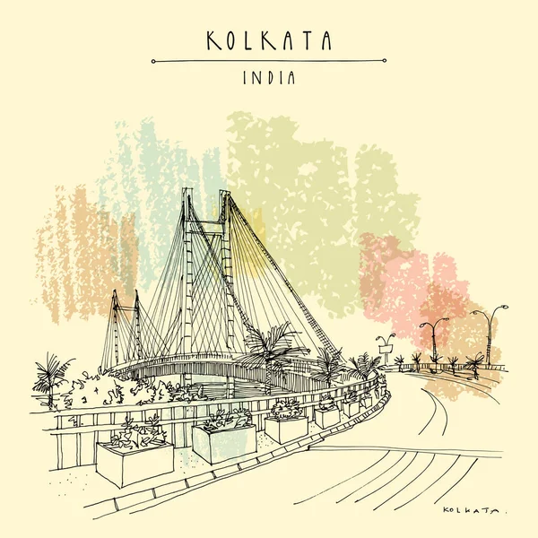 Kolkata Calcutta India Ansichtkaart Vidyasagar Setu Brug Artistiek Stadsgezicht West — Stockvector