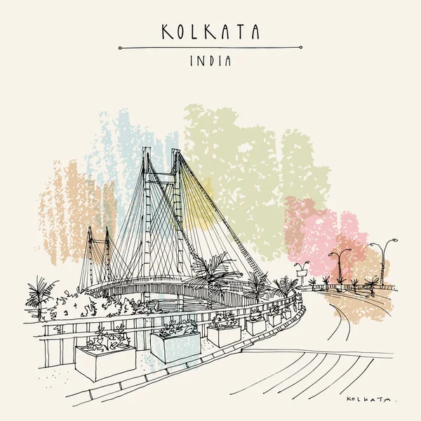 Kolkata Calcutta India Postcard Vidyasagar Setu Bridge Artistic Cityscape West — Stock Vector