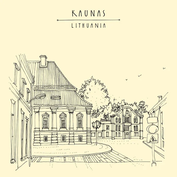 Kaunas Λιθουανία Ευρώπη Τουριστική Κάρτα Όμορφα Κτίρια Κληρονομιάς Δρόμος Στην — Διανυσματικό Αρχείο