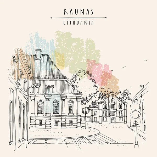 Kaunas Λιθουανία Ευρώπη Τουριστική Κάρτα Όμορφα Κτίρια Κληρονομιάς Δρόμος Στην — Διανυσματικό Αρχείο