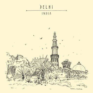 Kutub Minar (Kutub Minar, Kutub Minar) el çizimi turistik kartpostal. Yeni Delhi, Hindistan, Asya. Müslüman mirası zafer kulesi. El çizimi şehir manzarası çizimi. Seyahat eskiz sanatı. Klasik sanatsal gönderi