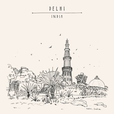 Kutub Minar (Kutub Minar, Kutub Minar) el çizimi turistik kartpostal. Yeni Delhi, Hindistan, Asya. Müslüman mirası zafer kulesi. El çizimi şehir manzarası çizimi. Seyahat eskiz sanatı. Klasik sanatsal gönderi