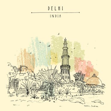 Kutub Minar (Kutub Minar, Kutub Minar) el çizimi turistik kartpostal. Yeni Delhi, Hindistan, Asya. Müslüman mirası zafer kulesi. El çizimi şehir manzarası çizimi. Seyahat eskiz sanatı. Klasik sanatsal gönderi