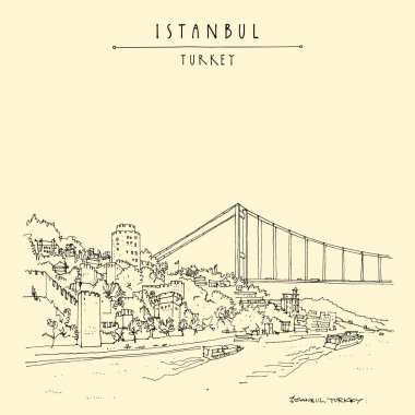 İstanbul, Türkiye kartpostalı. Rumeli Kalesi ve Fatih Sultan Mehmet asma köprüsünün el çizimi, Asya ile Avrupa arasındaki Boğaz üzerinde geniş çelik kablolu yol