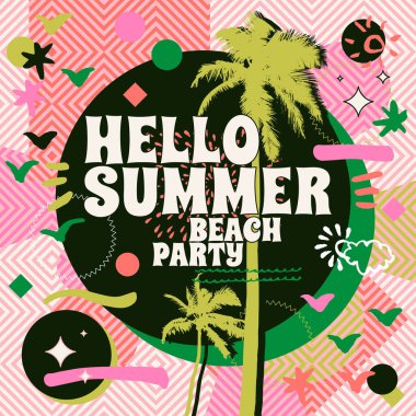 Merhaba Summer Beach Parti kartı, reklam, konsept. Tropikal palmiye ağaçları ve geometrik şekilli tipografik retro reklamlar. Klasik geometrik y2k biçiminde parlak soyut tasarım
