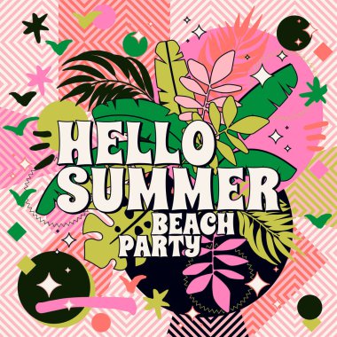 Merhaba Summer Beach Parti kartpostalı. Eski hippi tarzında bastırılmış parlak renkler. Yaz mevsimi muz yaprakları beyaz arka planda izole. Tropik broşür, poster tasarımı. Sosyal medya gönderme şablonu