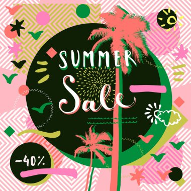 Yaz indirimi kartı, reklam, konsept. Palmiye ağaçları ve geometrik şekilli el yazısı. Modern Memphis vintage y2k tarzında parlak soyut tasarım