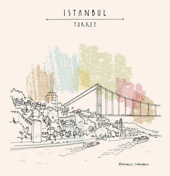 Istanbul Türkei Postkarte Handgezeichnete Reiseskizze Der Festung Rumeli Und Der — Stockvektor