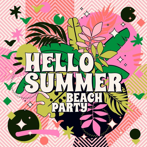 Olá Summer Beach Party Cartão Postal Cores Subjugadas Brilhantes Estilo —  Vetores de Stock