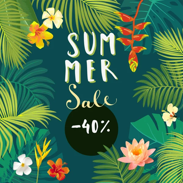 你好夏季销售手书商业广告 夏季销售明信片 横幅与郁郁葱葱的热带树叶 夏威夷丛林背景 明亮生动的热带色彩 — 图库矢量图片