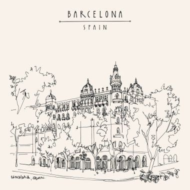 Barselona, Katalonya, İspanya turistik kartpostalı. Placa Catalunya yakınlarında güzel bir mimari. Seyahat eskizi çizimi eski usul. El yapımı klasik turistik kartpostal, poster, sanatsal baskı
